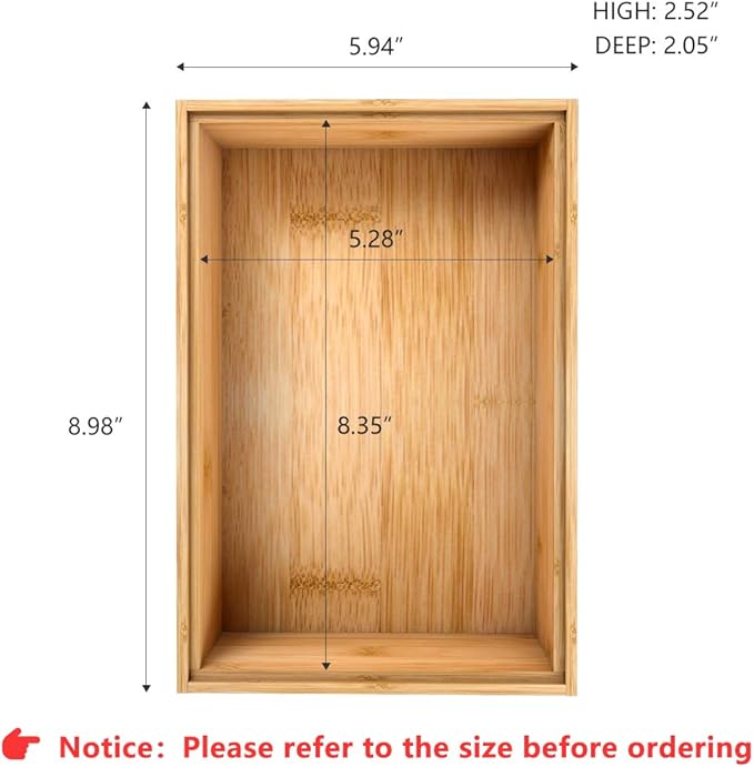 Bamboo Kitchen Drawer Organizer,Stackable Silverware Tray Utensil Organizer Cutlery Holder for Kitchen,Wooden Storage Box for Bathroom, Multi-Use Storage Bins Boxs Dividers for Office(9x6x2.5 inch)