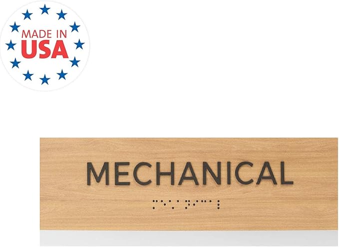 Mechanical Sign With Braille/Small Business Easy Adhesive Mount Door And Wall Sign / 3" x 9" Oak Woodgrain Design