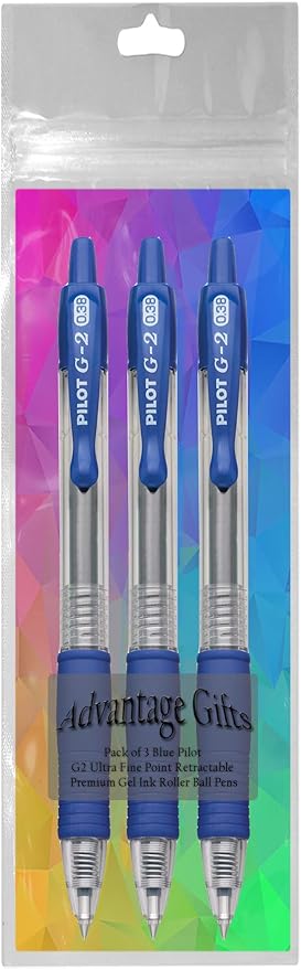 G2 Retractable Premium Gel Ink Roller Ball Pens Ultra Fine Point (.38mm) Blue Ink 3 pack; Refillable & Premium Comfort Grip Bundle with Plastic Reusable Pouch