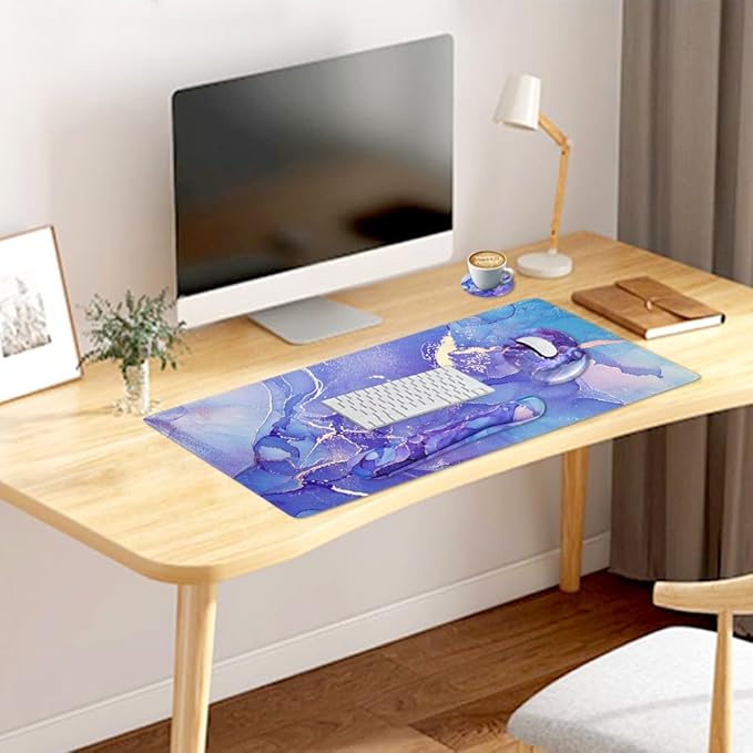 4-in-1 Gaming Mouse Pad Wrist Support Set,Desk Pad + Mouse Pad with Wrist Rest + Keyboard Wrist Rest + Coaster, Ergonomic Design for Home Office Study Game - Purple Marble