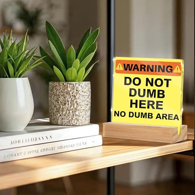 Funny Office Desk Decor Do Not Dumb Here Clear Acrylic Sign 4x4 Inch, Humorous Office Cubicle Decor Desk Accessories for Work Table Shelf, Funny Gifts for Women Men Manager Coworkers