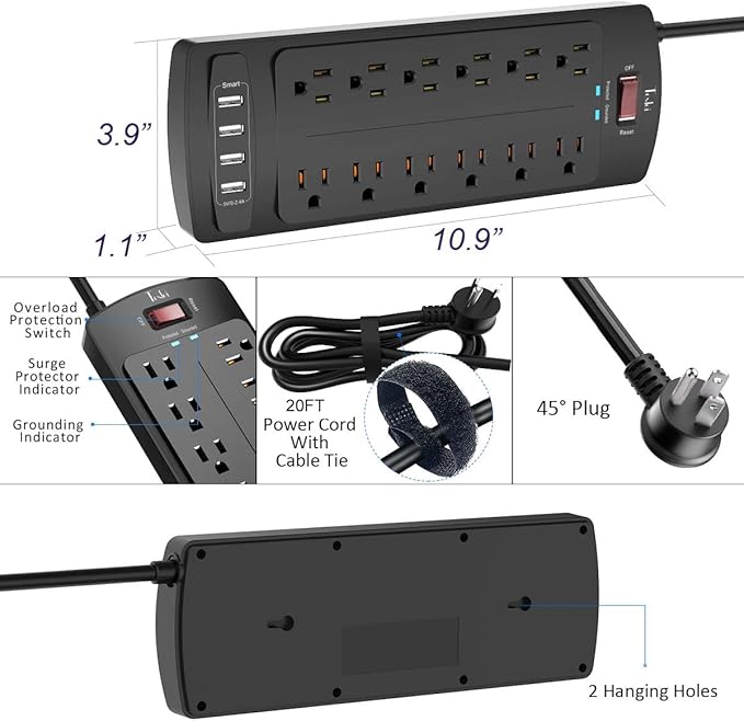 Power Strip, Tcstei Surge Protector with 12 Outlets and 4 USB Ports, 20 Feet Extension Cord (1875W/15A) for Home, Office, Dorm Essentials, 2700 Joules, ETL Listed, Black