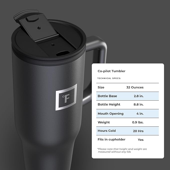 IRON °FLASK Co-Pilot Insulated Mug w/Straw & Flip Cap Lids - Cup Holder Bottle for Hot, Cold Drink - Leak-Proof - Water, Coffee Portable Travel Mug -, 32 Oz