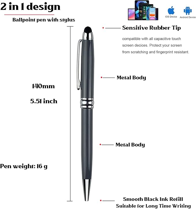 Ancolo Personalized Fancy Pens with Stylus Tip for Touch Screen Phones Office Writing Set- Engraved with Your Message Name Company Team Name, Phone Number Gift for Business Men 10 Pens/Box