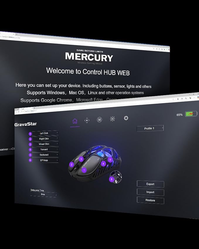 GravaStar Mercury X Wireless Gaming Mouse β 32,000 DPI PAW 3950 Sensor, 1000Hz Polling Rate, Only 49g, Magnesium Alloy Hollow Frame, RGB Lighting, 5 Programmable Buttons