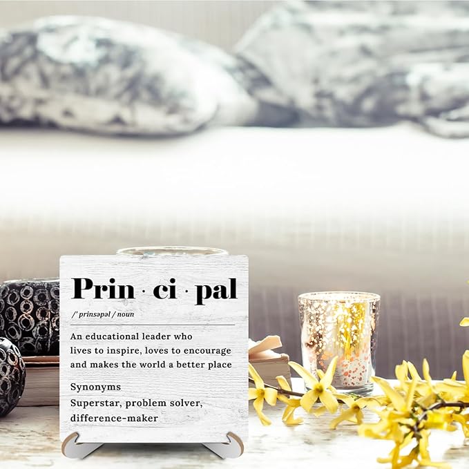 School Principal Definition Wood Sign Desk Decor Rustic Office Cubicle Decor Positive Assistant Principal Plaque with Wooden Stand Funny Office Desk Accessories for Home Table Shelf Principal Gifts