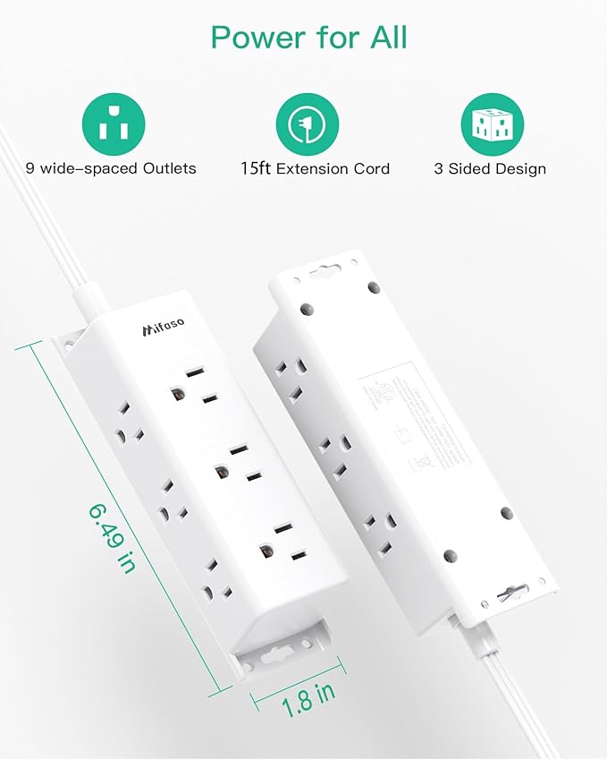 Surge Protector Power Strip - 9 Widely Spaced Multi Outlets, Wall Mount, 3 Side Outlet Extender with Extension Cord, Flat Plug, Overload Protection, Home Office Dorm Room Essentials (15FT, White)