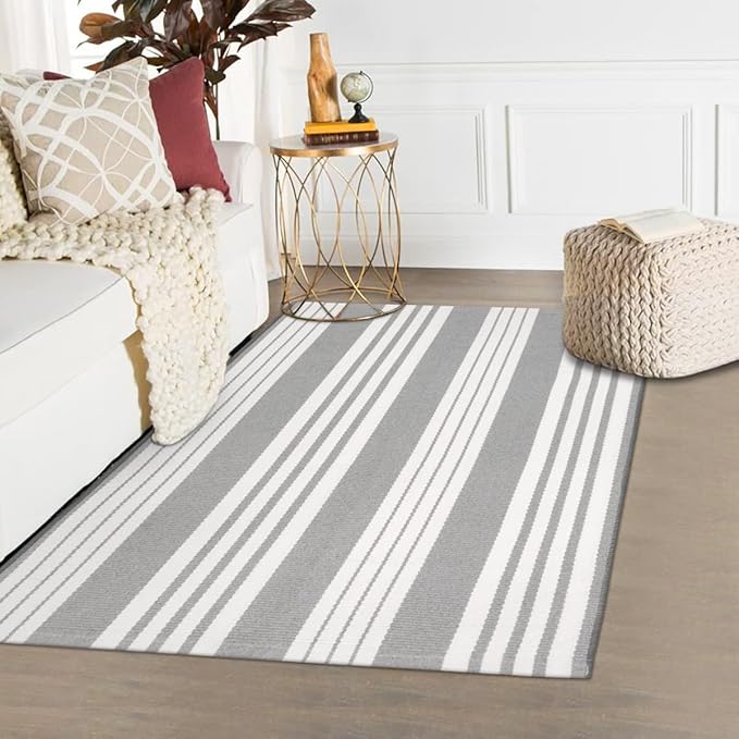 OJIA Entryway Rug 3'x5' Cotton Hand Woven Christmas Front Door Mat Holiday Doormat Machine Washable Outdoor Rugs Grey and White Striped Entry Rug Porch Rugs for Farmhouse/Bedroom/Home Entrance Decor