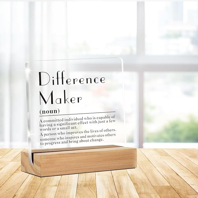 Difference Maker Gifts for Teacher Mentor Coach Boss, Difference Maker Definition Clear Acrylic Desk Decorative Sign for Home Office (4 x 4 Inches)