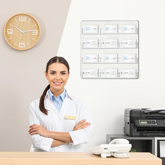 Hillban Acrylic Business Card Holder Wall Mount Clear Sticker Display Rack Multiple Card Holders Clear Acrylic Organizing Sticker Display Stand Pre Drilled(12 Pockets)