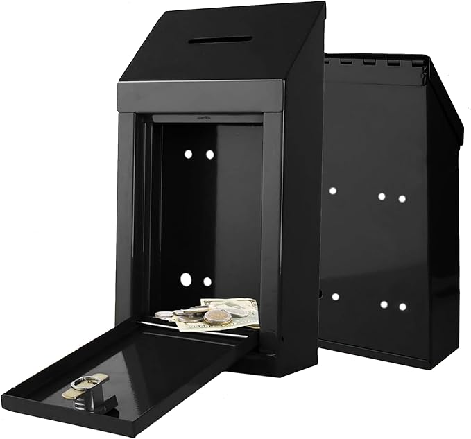 Metal Donation Box-Suggestion Box with Slot and lock-Cash Lock box for Money-Secure Drop Box-Comment and ballot voting box-comes with pre-drilled holes for easy wall mounting 10 X 6 X 2.5"(Black)