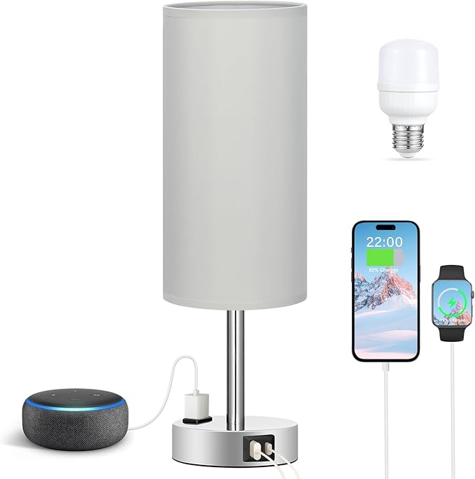 Fenmzee Light Grey Table Lamp for Nightstand - 3 Way Dimmable Touch Bedside Lamp USB C and A Charging Ports and AC Outlet, Small Desk Lamp with Silver Base for Office Nursery, LED Bulb Included