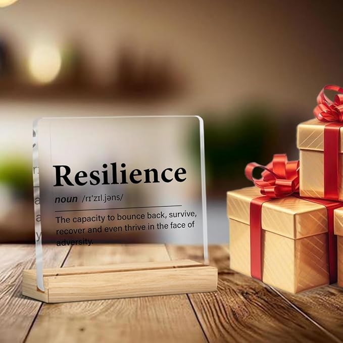 Inspirational Gifts for Women Men, Motivational Encouragement Gifts Resilience Definition Clear Acrylic Desk Decor Decorative Sign for Home Office, 4 x 4 Inches