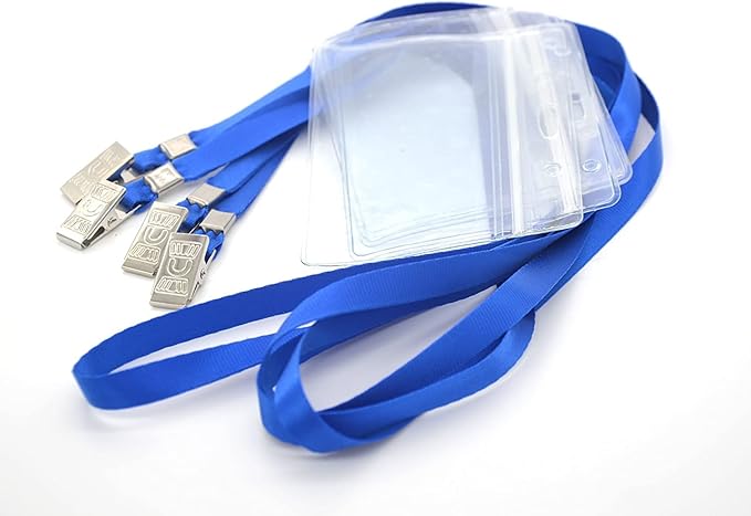Name Tags,Bird Fiy 50 Pcs Waterproof Type Clear Plastic Horizontal Name Tag Badge Id Card and 50 Pcs Blue Lanyard