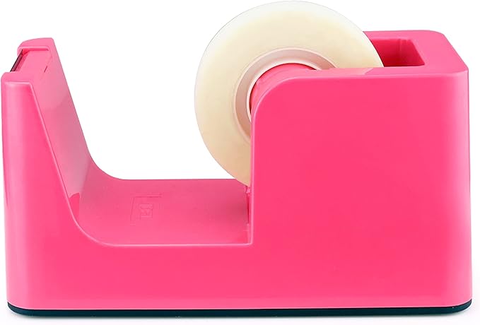 ABEL SimpleWork Desktop Tape Dispenser, Pink, 1 in Core, Non-Skid Weighted Base, Tape Cutter for Office, Home, School, and Crafts