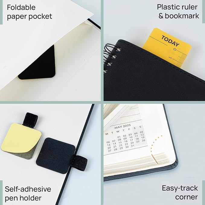 POPRUN Pocket Planner 2025-2026 (Purse Size 4'' x 6.25'') Academic Purse Calendar (July 2025 - June 2026) with Hourly Time Slots, 100GSM Thick Papers, Spiral Leather Cover - Blue Green