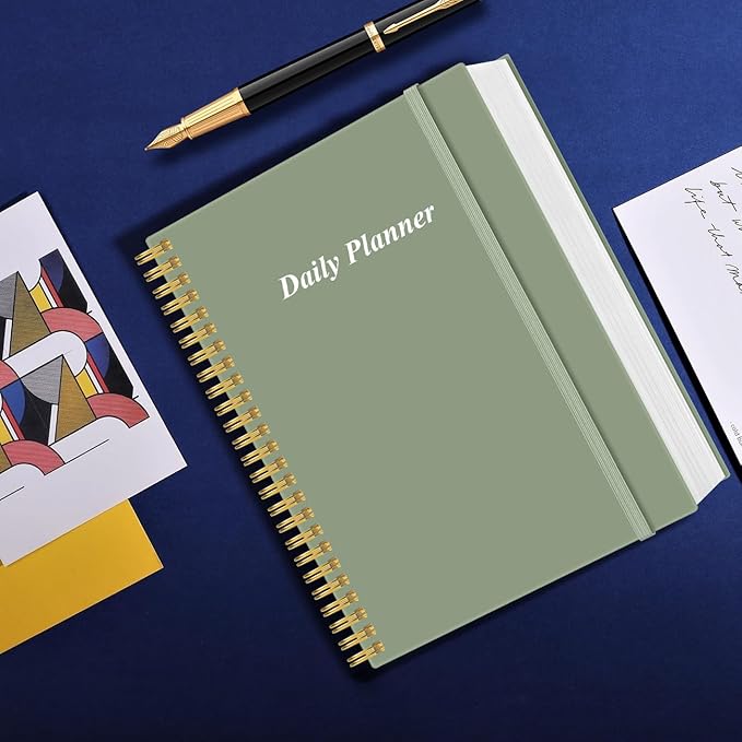 Daily Planner Undated - A4 To Do List Notebook Hourly Schedules, Spiral Appointment Planner for Women and Men,PVC Hardcover, Inner Pocket, Elastic Closure, 8.5" x 11", Green
