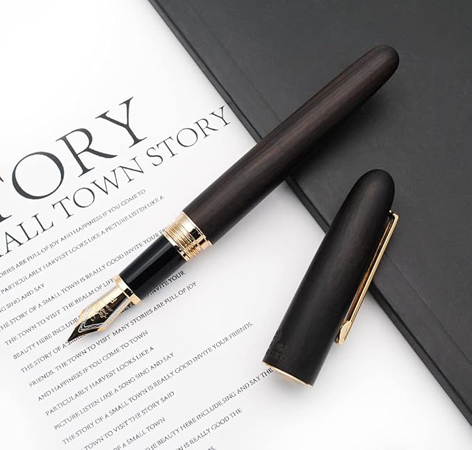 JINHAO 9036 Natural Wood Fountain Pen Handmade Ink Pen (Fine Nib 0.5mm, Ebony Wood)