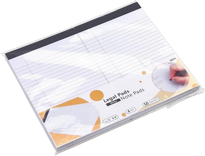 ZZTX Legal Pads Note Pads 5 x 8 Inch Lined Writing Pads, 50 Sheets Per Writing Pad, 4 Pack (White)