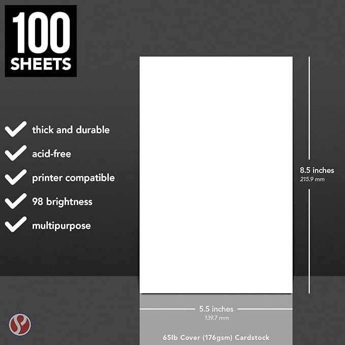 Half Letter Size Cardstock – Great for Business Documents, Letters, Arts, Prints and Crafts, Printing and Writing | 8.5” x 5.5” | Bright White 65lb Cover (176gsm) Card Stock | 100 Sheets per Pack