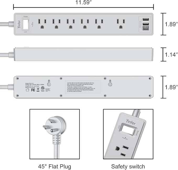 10Ft Power Strip Surge Protector - Yintar Extension Cord with 6 AC Outlets and 3 USB Ports for Home, Office, Dorm Essentials, 1680 Joules, ETL Listed, Grey