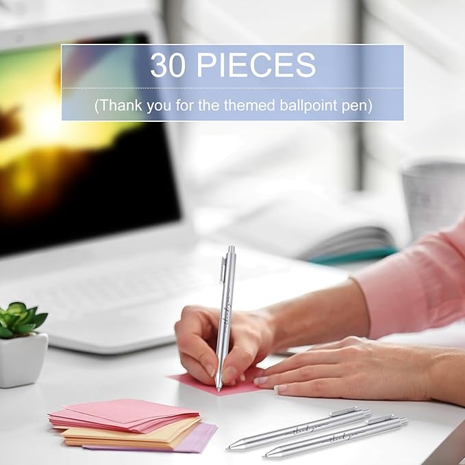 30pcs Thank You Pens Bulk Cute Multicolor Ballpoint Pen for Men Women Server Accessories Employee Holiday Appreciation Gifts for Teacher Office Back to School Party Favor (Silver)