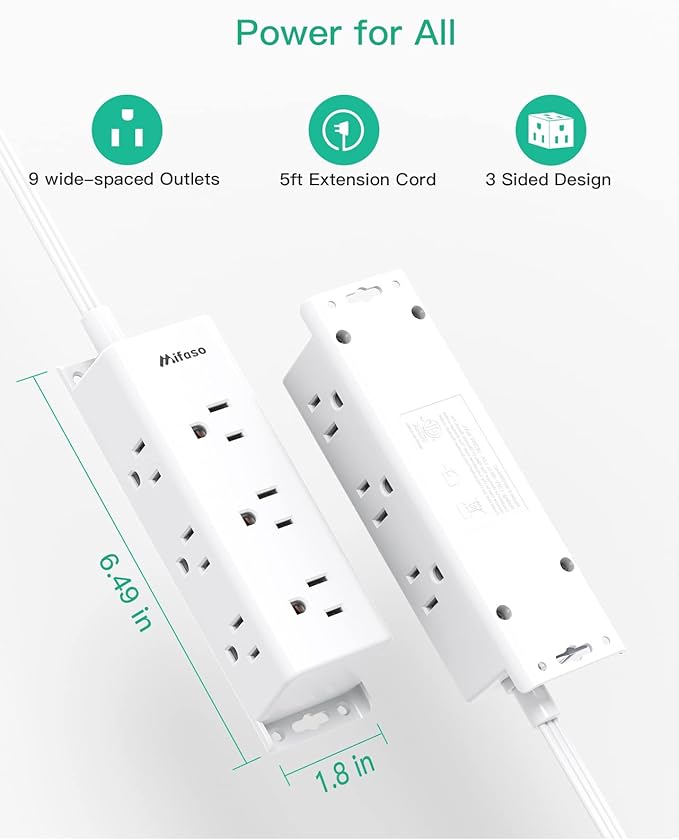 Surge Protector Power Strip - 9 Widely Spaced Multi Outlets, Wall Mount, 3 Side Outlet Extender with Extension Cord, Flat Plug, Overload Protection, Home Office Dorm Room Essentials (5FT, White)