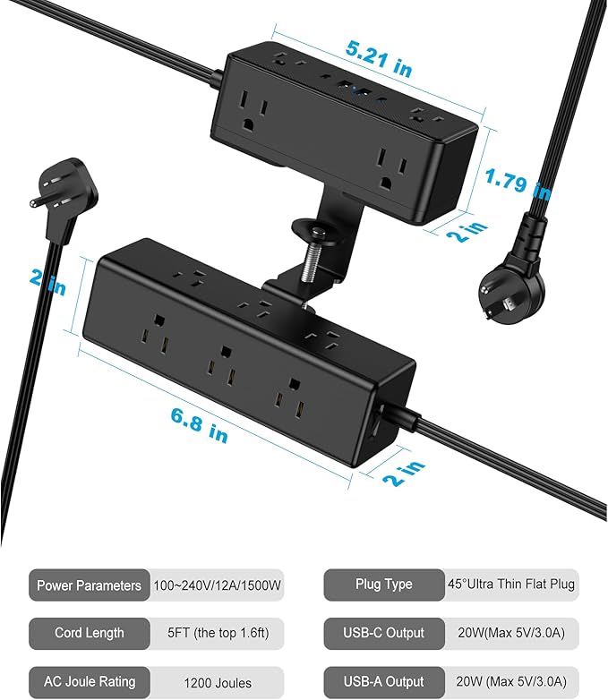 Dual Layer Desk Clamp Power Strip, Desktop Edge Mount Surge Protector with 4 USB Ports(2 USB-C) & 15 AC Outlets, Ultra Thin Flat Plug & 5FT Power Cord for Office Home(ETL Listed)