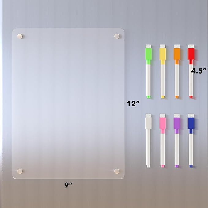 Acrylic Magnetic Dry Erase Board for Fridge, Clear Whiteboard for Refrigerator, Notepad Memo to Do/Grocery List White Board, w/ 8 Colors Markers, 12"x9"