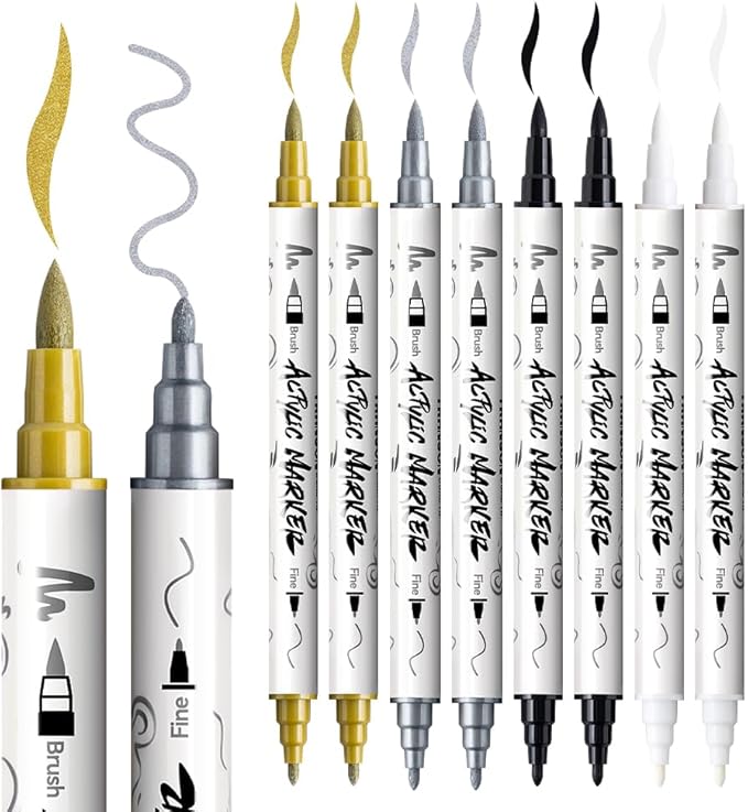 TRANSON 2 Gold, 2 Silver, 2 Black and 2 White Paint Markers Brush and Fine Dual-tip Acrylic Paint Marker Set for Rock Painting Glass Canvas Wood Leather Ceramic Painting