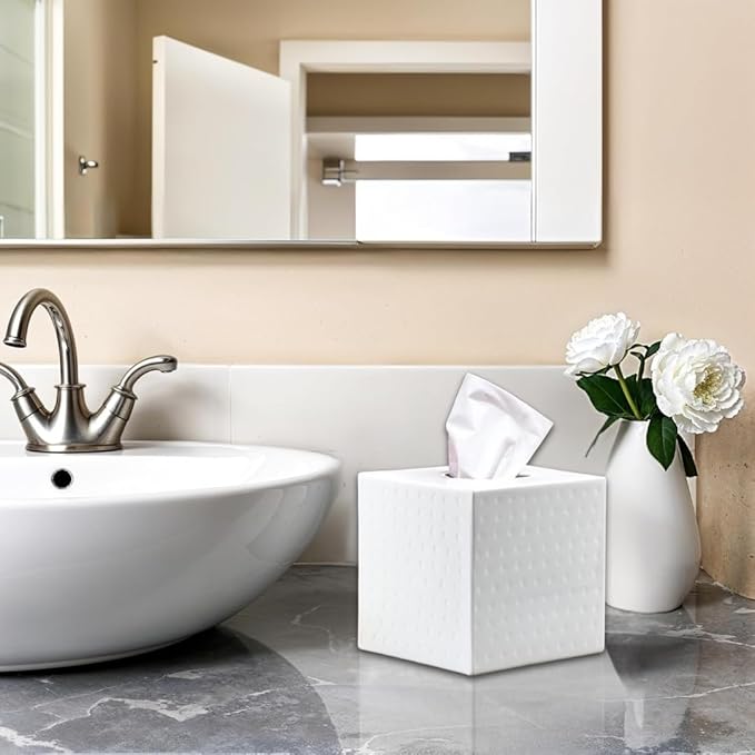 Monarch Abode Hand Hammered Tissue Box Cover Square, White Tissue Holder for Bathroom, Square Metal Dresser Accessories for Home, Decorative Tissue Box Holder, Classic White Handcrafted Tissue Cover