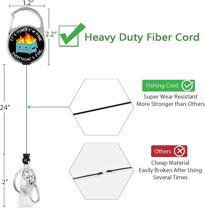 Gctriki Badge Reel Holder Retractable Heavy Duty with 360°Swivel Carabiner Belt Clip, Funny Dumpster on Fire ID Badge Holder Retractable Keychain ID Clip Name Badge Clip I'm Fine It`s Fine