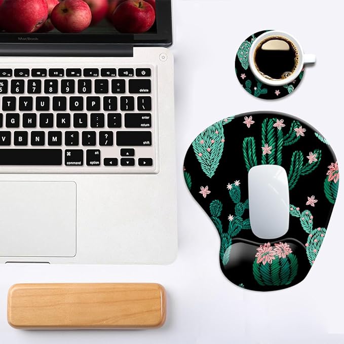 DOOKE Ergonomic Mouse Pad with Wrist Support and Coaster,Mouse Pads with Non-Slip PU Base for Home Office Working Studying Easy Typing & Pain Relief Cute Cactus
