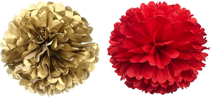14" Red and Gold Tissue Pom Poms Kit DIY Decorative Paper Flowers Ball for Christmas New Years Eve Party Wedding Baby Shower Graduation Birthday Party Home Outdoor Hanging Decorations, Pack of 10