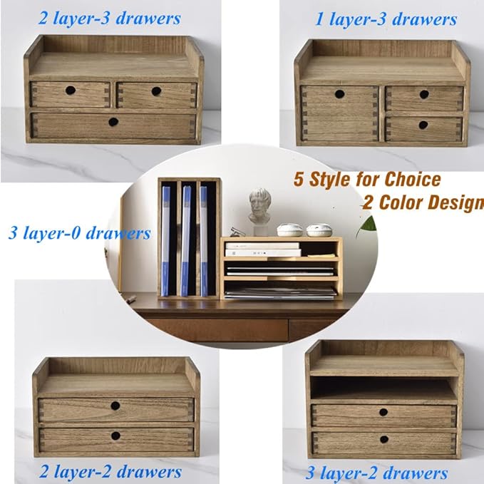 KIRIGEN Wood Organizer Shelf with 3 Drawers for Home Kicthen Decor Office Supplies Desktop Cabinet for Drawer Organizer - Desk Accessories Storage Box -Countertop Shelf Natural(DT2D3C-NA)