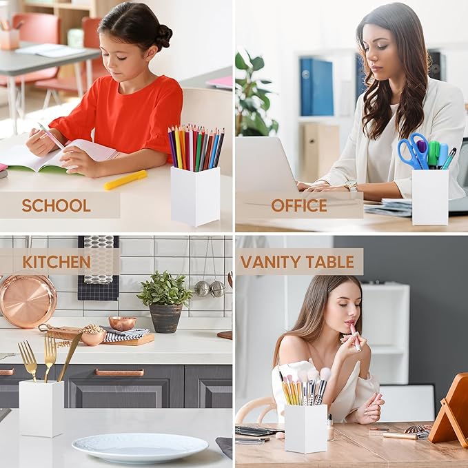 10Pack White Acrylic Pen Holder, Desktop Pencil Organizer Makeup Brush Holder Acrylic Pencil Cup Stationery Pencil Holder for Desk Office Pen Organizer