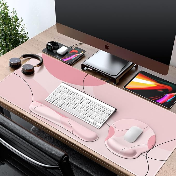 iCasso Large Gaming Mouse Pad Wrist Support Set, Desk Mat, 4in1 XXL Mousepad + Keyboard Wrist Rest+Mouse Wrist Rest+Coaster Set with Ergonomic Design for Home Office Table Computer-Pink Art