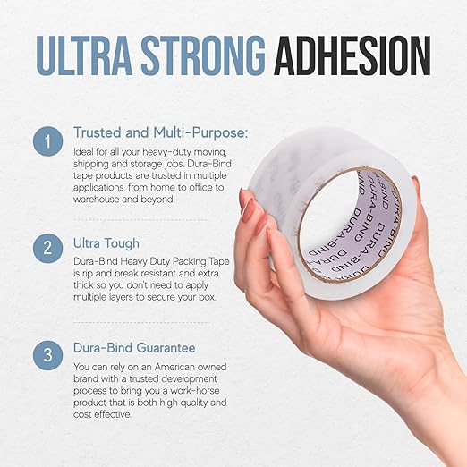 Durabind Heavy Duty Packing Tape 12 Pack. Rolls are 60 Yards x 2in. Tough Clear Tape for Shipping, Packing, Moving, Mailing, and All Box Types. Professional Grade. (12)