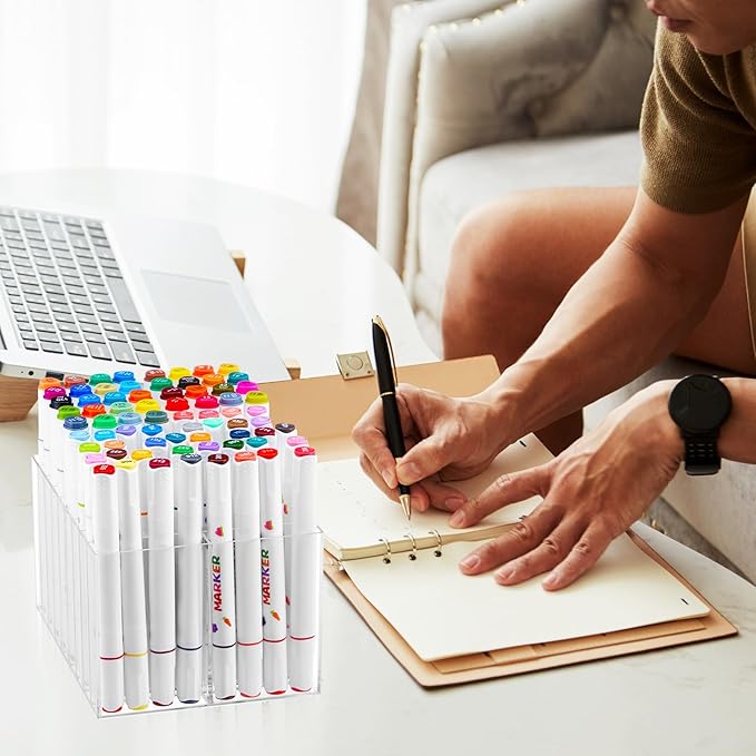 2 Pcs Acrylic Marker Organizer Desktop Storage Hold 144 Marker, Clear Pencil Holder Stand Art Brushes Stationary Display with 18 Compartments for School Classroom Desk Home Office Supplies