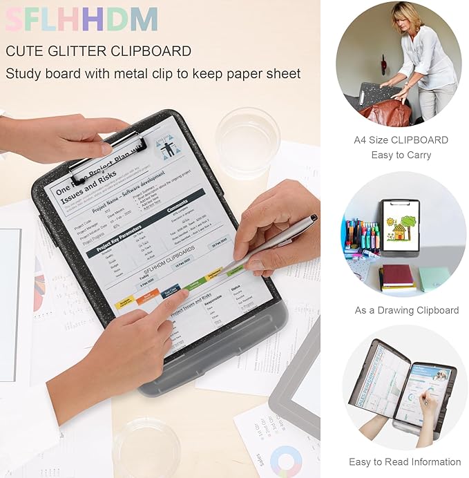 Glitter Clipboard with Storage,Storage Clipboard with Pen Holder,A4 Binder Clip Boards 8.5x11 with Low Profile Clip,Side Opening Sparkle Clipboards,Plastic Clipboards Folder for Office Supplies-Black