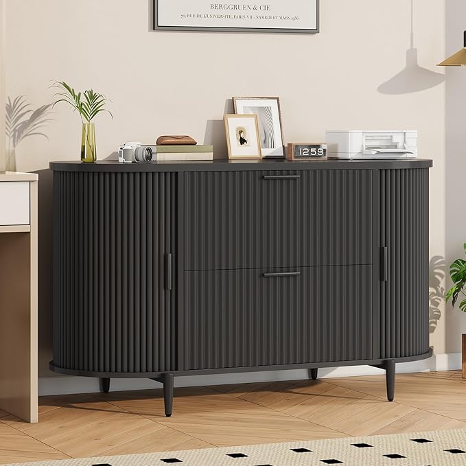 SEDETA 39.4" Filing Cabinet for Home Office, 2 Drawer File Cabinet, fit Legal/Letter/A4 Size, Modern Fluted Filing Cabinets with 2 Sliding Door Storage, Printer Stand, Black