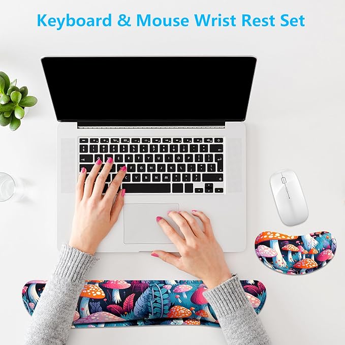 Dapesuom Enlarge Keyboard Wrist Rest, Memory Foam Wrist Cushion for Desk Mats Support, Boho Typing Pain Relief Keyboard Mouse Pad Rests Set with Non-Slip Base for Gaming Laptop Computer, Mushrooms
