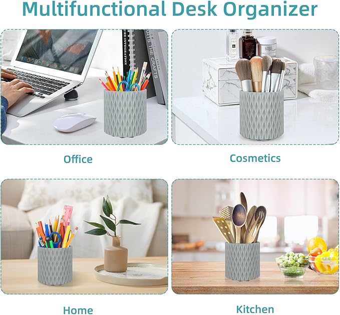 Grey Pen Holder for Desk, 360 Degree Rotating Desk Organizer with 5 Compartments, Pen Pencil Makeup Brush Holder, Cosmetics Lipsticks Pen Organizer for Home Office School