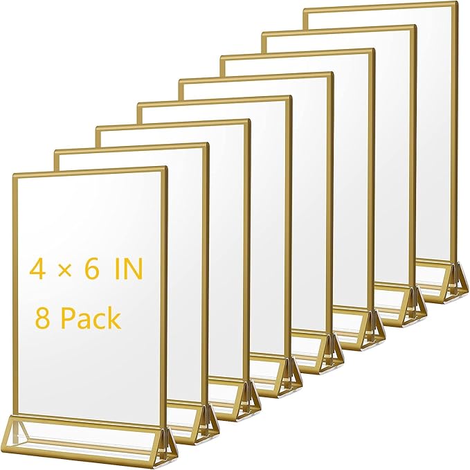 4x6 Acrylic Sign Holders 8 Pack Gold Table Number Holder for Wedding Picture Frame Double Sided Table Menu Stands with Vertical Stand, Photos and Art Display