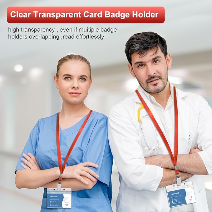 100 Pcs Lanyards for ID Badges and 100 Pcs Clear Name Tag Holders Reusable Lanyard with Clip Plastic ID Card Badge Holder Name Badges for Adults Kids Business School Office Supplies (Red)