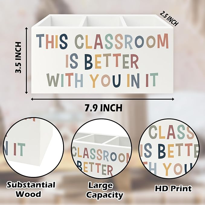 Boho Classroom Pen Pencil Holder Organizer for Desk, This Classroom Is Better With You in It Wooden Box Signs Decorations for Home Office Desk Tabletop, Back to School Supplies