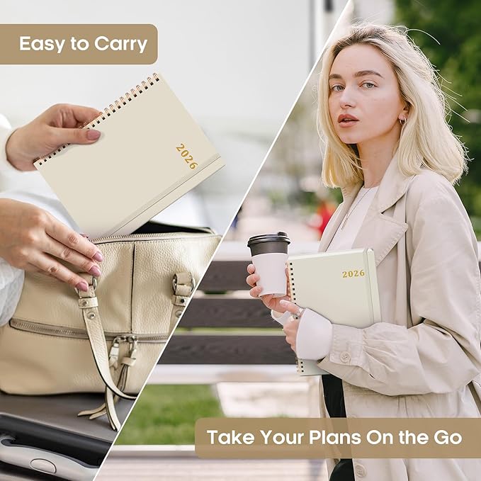 2026 Planner, Weekly and Monthly Calendar Planner Book, January 2026 - December 2026, Hardcover Spiral Planner with Monthly Tabs, Notes Pages, Perfect for Women & Men, A5 (6.4" x 8.5") - Beige