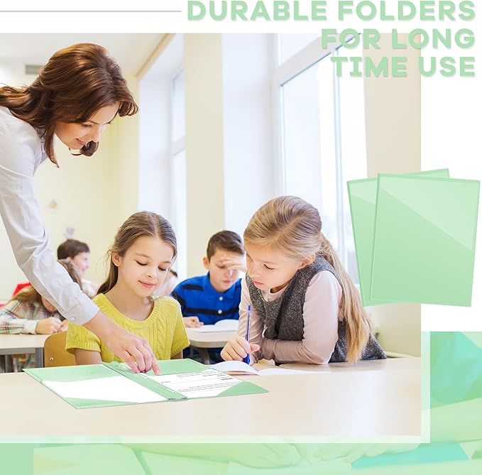 Henoyso 36 Pcs Plastic Folder with Clear Front Pocket and 3 Prong Plastic Folders with Card Slot Pocket Folders with Prongs for School Office (Light Green)
