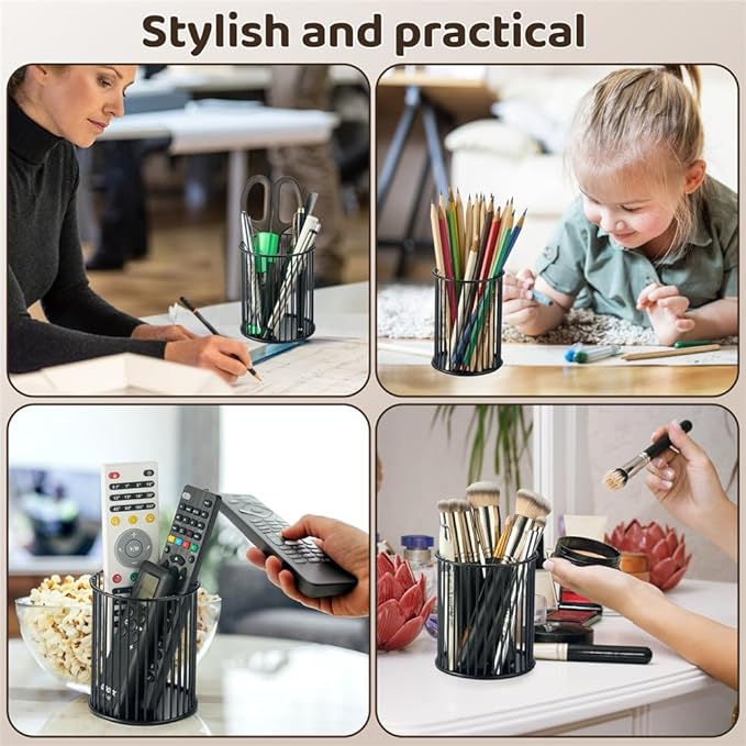 2 Pack Metal Pen Holder for Desk,Makeup Brushes Cup Holder, Pencil Holders, Pen cup, Home and Office Organizer, Black