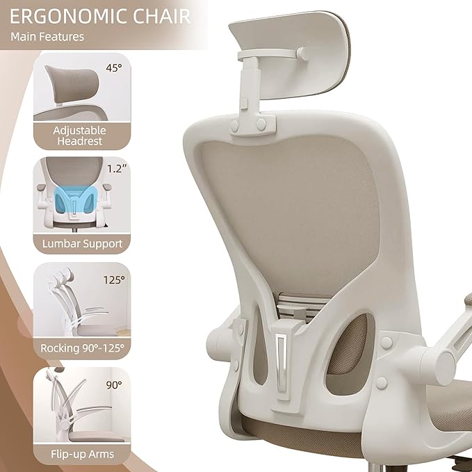 Ergonomic Office Chair, High-Back Mesh Computer Desk Chair with Adjustable Height, Lumbar Support, Flip-Up Armrests,headrest,and Swivel Rolling Design for Home and Office Use